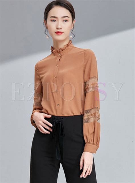 Tops Blouses Stand Collar Hollow Out Lace Splicing Blouse