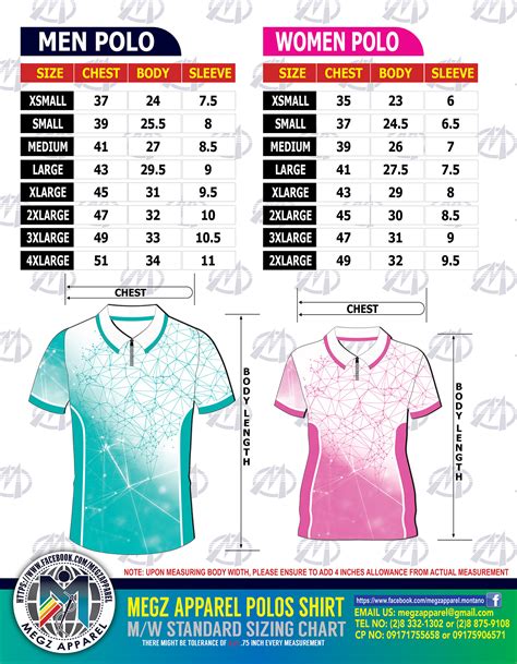 Polo Shirt Standard Size Chart Megz Apparel