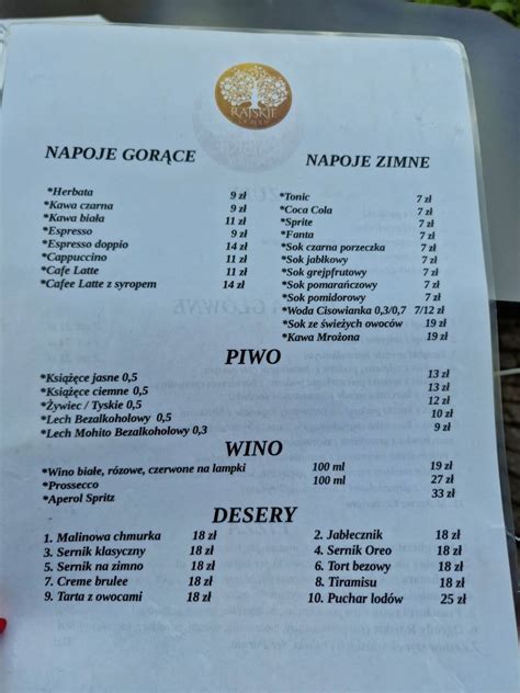 Carta Del Restaurante Rajskie Ogrody Wroclaw Breslavia Katedralna