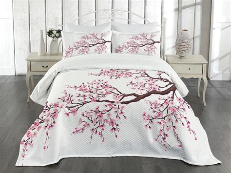 Japanese Bedspread Set King Size Branch Of A Flourishing Sakura Tree Flowers Cherry Blossoms