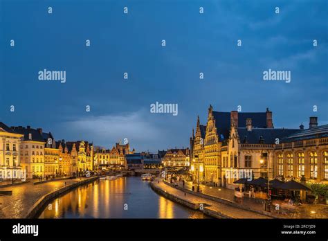 Ghent Belgium Night City Skyline At St Michael S Bridge Sint