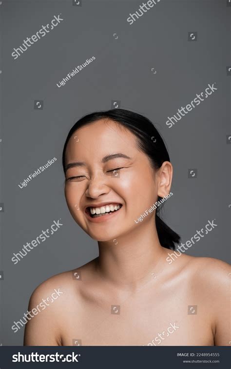 Cheerful Asian Woman Naked Shoulders Laughing Stock Photo Shutterstock