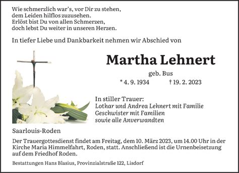 Traueranzeigen Von Martha Lehnert Saarbruecker Zeitung Trauer De