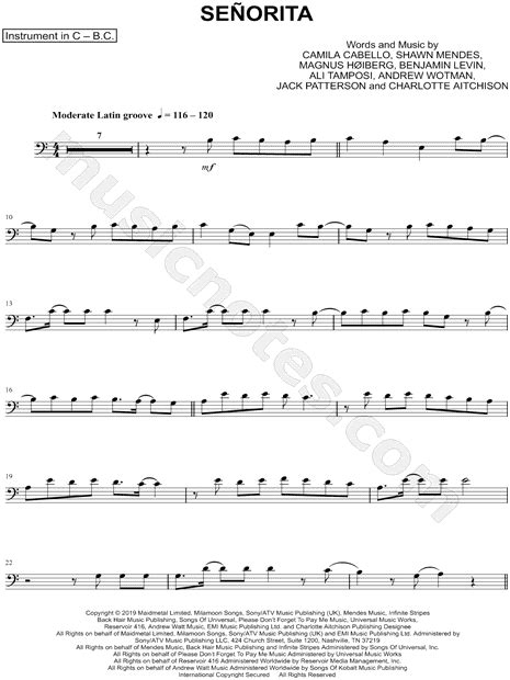 Shawn Mendes And Camila Cabello Señorita Bass Clef Instrument Sheet