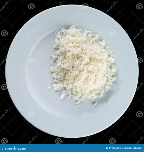 Boiled White Rice In A White Plate Isolated On Black Background Stock