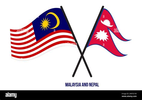 Malaysia And Nepal Flags Crossed And Waving Flat Style Official