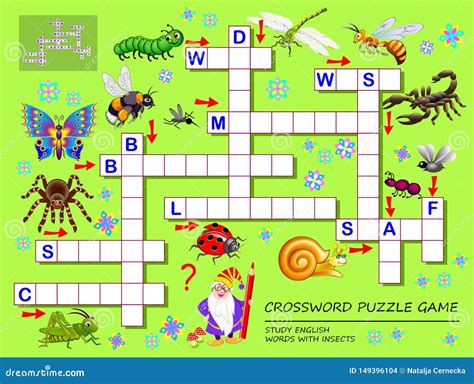 Crossword Puzzle Game for Kids with Cute Insects. Educational Page for