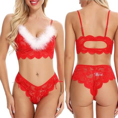 Noël femmes dentelle plume sexy sous vêtements costume tentation string lingerie