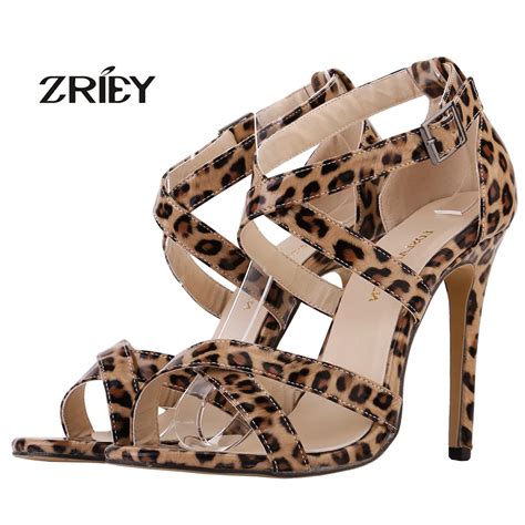 Patent Leather Open Toe Leopard Sexy High Heels Shoes Ankle Straps