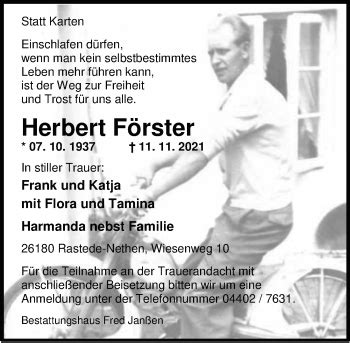 Traueranzeigen von Herbert Förster nordwest trauer de