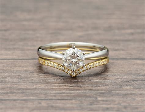 Wedding Set In Mixed Metal And V Wedding Band Moissanite And Etsy