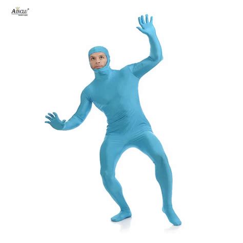 Ainclu Mens Spandex Nylon Zentai Blue Body Second Skin Tight All Inclusive Open Face Dancewear