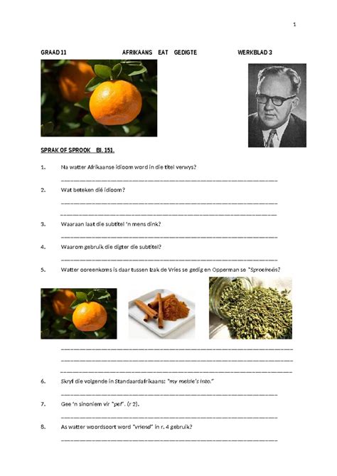 Afrikaans Eat Gr 11 Gedigte Werkblad 3 Sprak Of Sprook 1 Graad 11