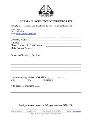 Fillable Online FORM PLACEMENT ON BIDDERS LIST Abilenehaorg Fax Email