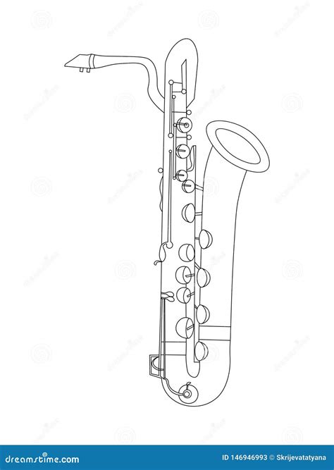 Black And White Line Art Drawing Of Baritone Saxophone Illustration