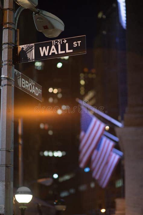 Broadway and Wall Street Signs at the Night, Manhattan Stock Image ...