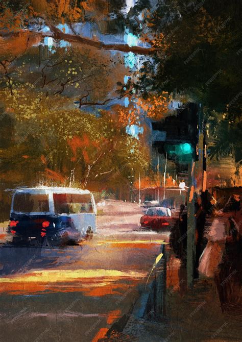 Premium Photo | Painting of city street view with traffic