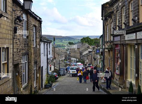 Autumn On Haworth Main Street Bronte Country Yorkshire Stock Photo