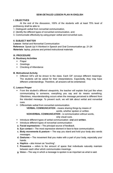 Semi Detailed Lesson Plan In English Verbal Semi Detailed Lesson Plan In English I Objectives