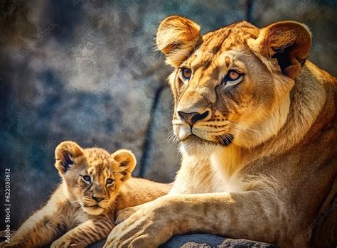 This Proud Male Aftican Lion Is Cuddled By His Cub During An