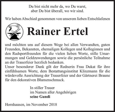 Traueranzeigen Von Rainer Ertel Abschied Nehmen De