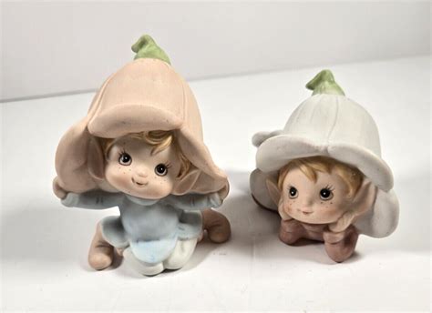 Pair Of Homco Pixie Elf Fairy Figures 5615 Flower Hats Elves Fairies