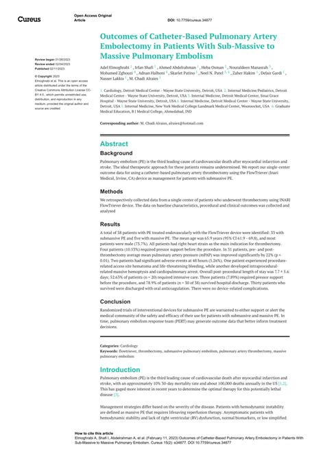 Pdf Outcomes Of Catheter Based Pulmonary Artery Embolectomy In