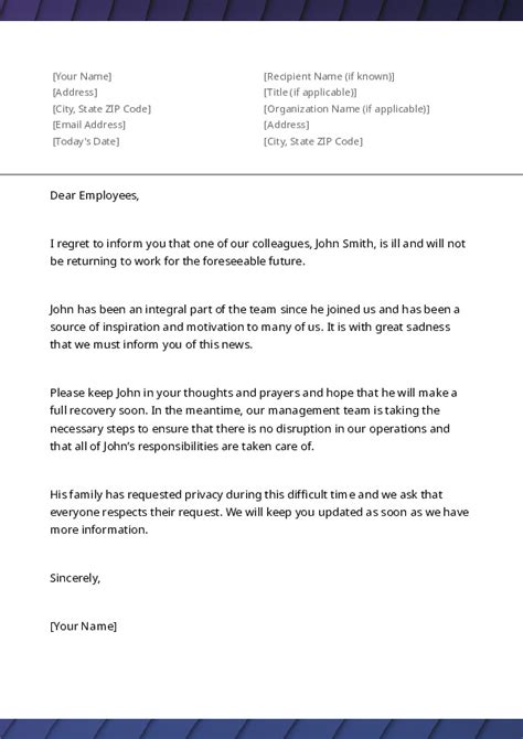 Free Word Template Inform Employees Of Another S Illness Letter Template