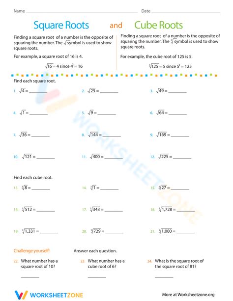 The Concepts Of Finding The Square Root And Cube Root Of A Number Worksheet