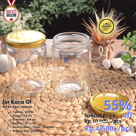 Jual Jar Kaca 250ml Bulat OI Glass Jar Toples Tutup Kaleng Emas New