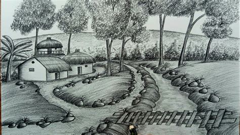 Village Scenery Sketch Capturing The Beauty Of Rural Life