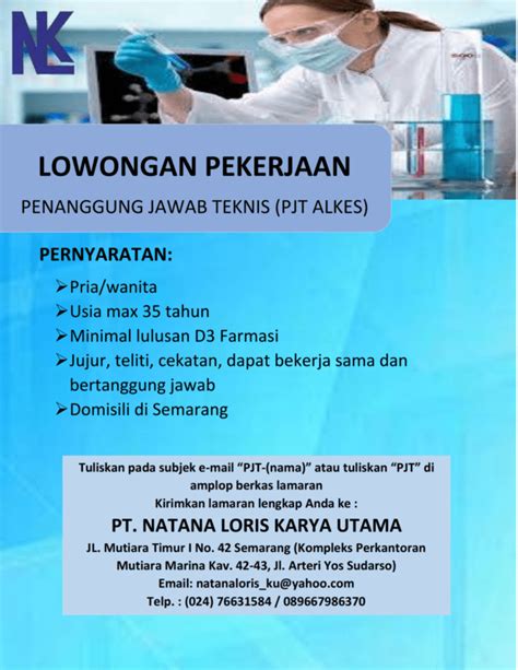 Lowongan Kerja Penanggung Jawab Teknis PJT Alkes Di PT Natana Loris