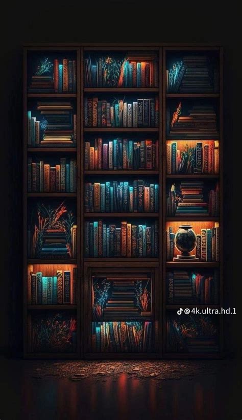 A Bookshelf Filled With Lots Of Books Next To A Wall Covered In Lights