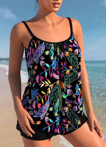 Plus Size Leaf Print Black Tankini Set