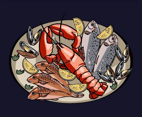 Vector Seafood Set Hand Drawn Sea Food Sketch Collection Fresh Fish