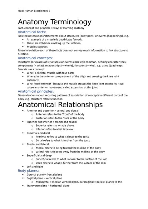 Hbb Summary Human Biosciences B Anatomy Terminology Fact Concept And Principle Ways Of