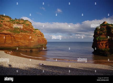 Red Sandstone Sea Stacks And Cliffs Of The Jurassic Coast World Heritage Site At Ladram Bay