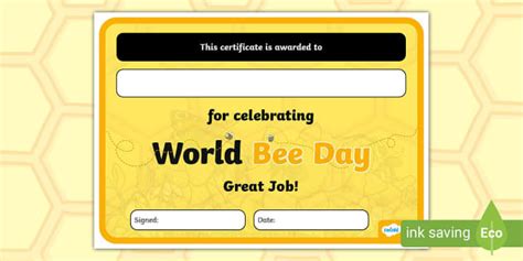 World Bee Day Certificate Nauczyciel Wykona Twinkl