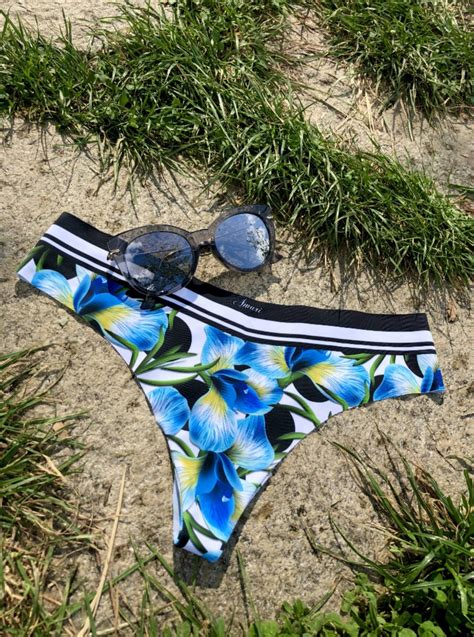 Blue Flowers Brazilian Bikini Bottom With Black Waist High Legged Cut