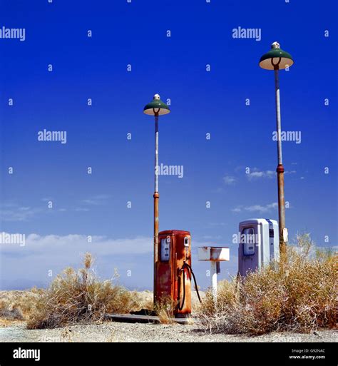 deserted gas station at the border of the desert, near the old Route 66 ...