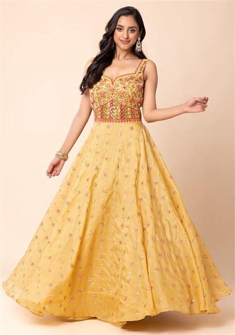 Buy Women Mustard Floral Thread And Mirror Boota Embroidered Anarkali