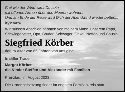 Traueranzeigen Von Siegfried K Rber Trauer Nordkurier