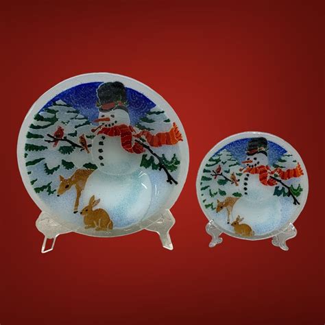 Peggy Karr Fused Glass Snowman Bowl Plate Reindeer Winter Christmas