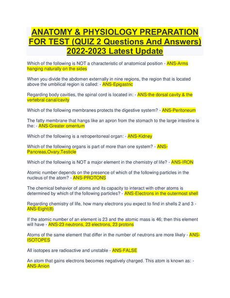 ANATOMY PHYSIOLOGY PREPARATION FOR TEST QUIZ 2 Questions And Answers