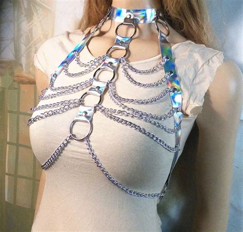 Laser Holographic Choker Harness Sexy Chain Women Punk Bondage Top Goth Bodychain Fashion