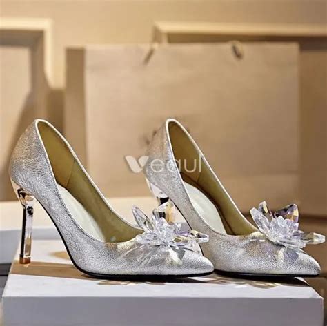 Sparkly Silver Stiletto Heels Pumps Cinderella Crystal High Heel