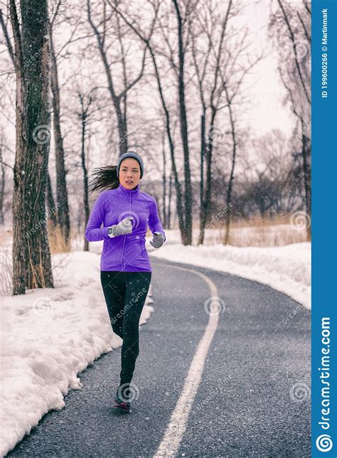 Winter Run Jogging Fit Runner Girl Running Outdoor In Snow Asian Woman