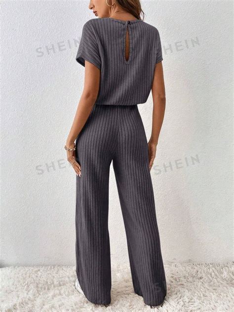 SHEIN Essnce Solid Color Ribbed Knitted Jumpsuit SHEIN UK