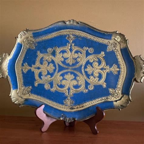 Accents Vintage Blue And Gold Florentine Style Tray Made In Italy