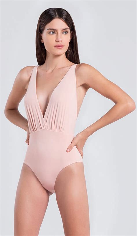 Plunging Neckline One Piece Swimsuit Nude Pink Decote Tranca Rose